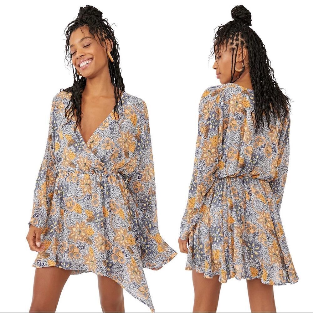 New! Free People Teegan Bohemian Floral Oversized Faux Wrap Mini Dress